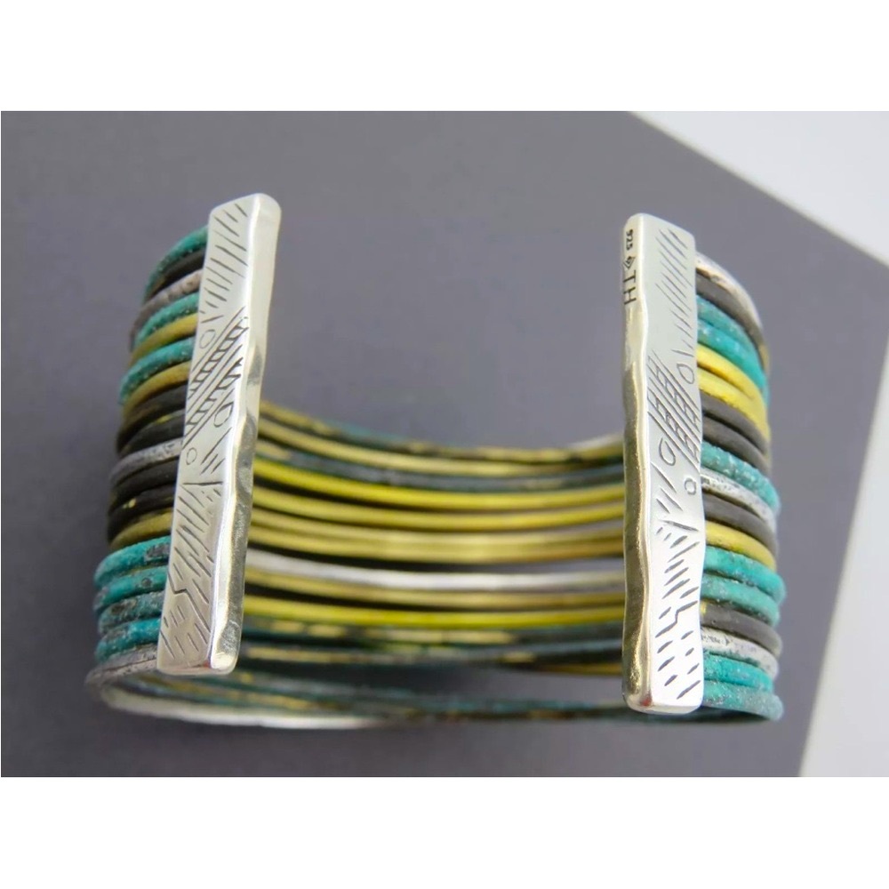 Silpada Vintage Sterling Silver Turquoise & G Cuff Bracelet with Textured Bands - Picture 6 of 10
